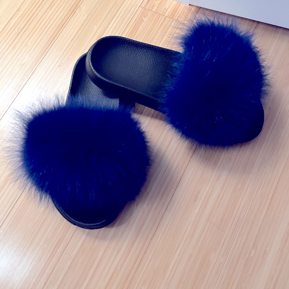 Royal Blue Fox fur rubber sole slides